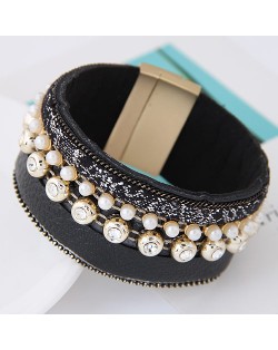 Rhinestone and Pearl Decorated Magnetic Lock Wide Fashion Leather Bangle - Black