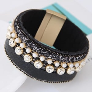 Rhinestone and Pearl Decorated Magnetic Lock Wide Fashion Leather Bangle - Black