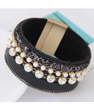Rhinestone and Pearl Decorated Magnetic Lock Wide Fashion Leather Bangle - Black
