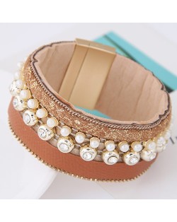 Rhinestone and Pearl Decorated Magnetic Lock Wide Fashion Leather Bangle - Brown