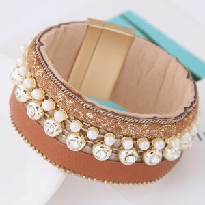 Rhinestone and Pearl Decorated Magnetic Lock Wide Fashion Leather Bangle - Brown