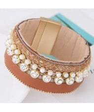Rhinestone and Pearl Decorated Magnetic Lock Wide Fashion Leather Bangle - Brown