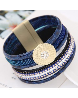 Sparkling Studs Multi-layers Wide Magnetic Lock Leather Fashion Bangle - Blue