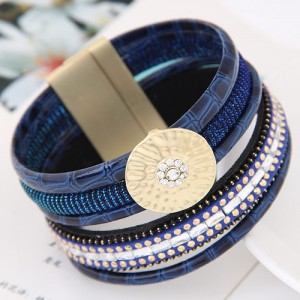 Sparkling Studs Multi-layers Wide Magnetic Lock Leather Fashion Bangle - Blue