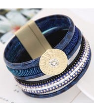 Sparkling Studs Multi-layers Wide Magnetic Lock Leather Fashion Bangle - Blue