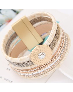 Sparkling Studs Multi-layers Wide Magnetic Lock Leather Fashion Bangle - White