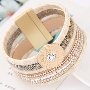 Sparkling Studs Multi-layers Wide Magnetic Lock Leather Fashion Bangle - White