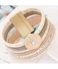 Sparkling Studs Multi-layers Wide Magnetic Lock Leather Fashion Bangle - White
