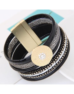 Sparkling Studs Multi-layers Wide Magnetic Lock Leather Fashion Bangle - Black
