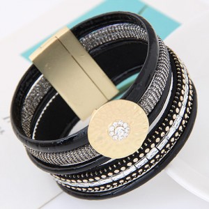 Sparkling Studs Multi-layers Wide Magnetic Lock Leather Fashion Bangle - Black
