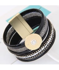 Sparkling Studs Multi-layers Wide Magnetic Lock Leather Fashion Bangle - Black