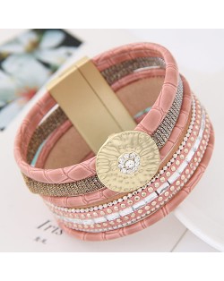 Sparkling Studs Multi-layers Wide Magnetic Lock Leather Fashion Bangle - Pink