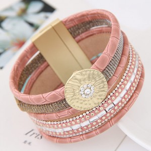 Sparkling Studs Multi-layers Wide Magnetic Lock Leather Fashion Bangle - Pink