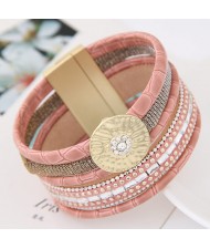 Sparkling Studs Multi-layers Wide Magnetic Lock Leather Fashion Bangle - Pink