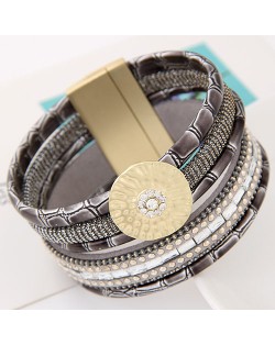 Sparkling Studs Multi-layers Wide Magnetic Lock Leather Fashion Bangle - Gray