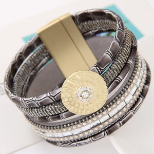 Sparkling Studs Multi-layers Wide Magnetic Lock Leather Fashion Bangle - Gray