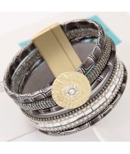 Sparkling Studs Multi-layers Wide Magnetic Lock Leather Fashion Bangle - Gray