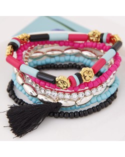 Multiple Layers Resin Beads with Golden Flowers Decoration Design Fashion Bracelet - Black