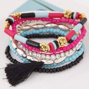Multiple Layers Resin Beads with Golden Flowers Decoration Design Fashion Bracelet - Black