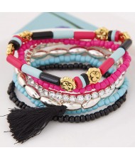 Multiple Layers Resin Beads with Golden Flowers Decoration Design Fashion Bracelet - Black