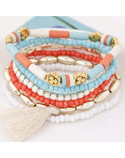 Multiple Layers Resin Beads with Golden Flowers Decoration Design Fashion Bracelet - White