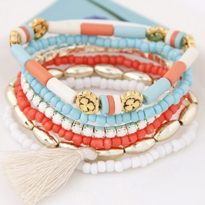 Multiple Layers Resin Beads with Golden Flowers Decoration Design Fashion Bracelet - White
