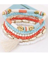 Multiple Layers Resin Beads with Golden Flowers Decoration Design Fashion Bracelet - White