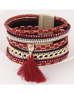 Multi-layer Snake Skin Texture Magnetic Lock Wide Fashion Bangle - Red