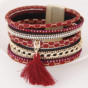 Multi-layer Snake Skin Texture Magnetic Lock Wide Fashion Bangle - Red