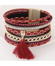 Multi-layer Snake Skin Texture Magnetic Lock Wide Fashion Bangle - Red