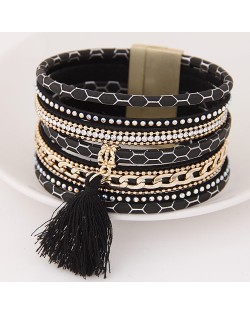 Multi-layer Snake Skin Texture Magnetic Lock Wide Fashion Bangle - Black