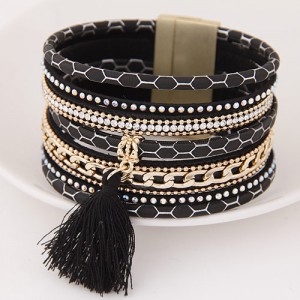 Multi-layer Snake Skin Texture Magnetic Lock Wide Fashion Bangle - Black