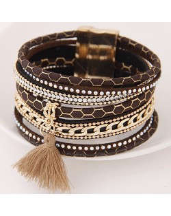 Multi-layer Snake Skin Texture Magnetic Lock Wide Fashion Bangle - Brown