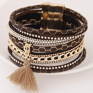 Multi-layer Snake Skin Texture Magnetic Lock Wide Fashion Bangle - Brown
