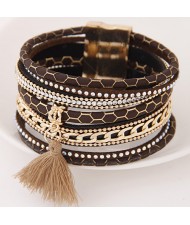 Multi-layer Snake Skin Texture Magnetic Lock Wide Fashion Bangle - Brown