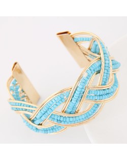 Bohemian Fashion Mini Beads Inlaid Weaving Pattern Open-end Bangle - Sky Blue
