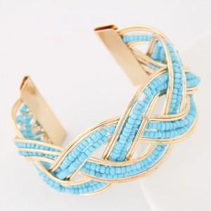 Bohemian Fashion Mini Beads Inlaid Weaving Pattern Open-end Bangle - Sky Blue