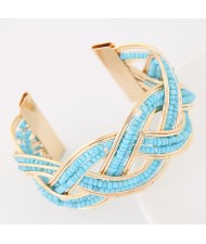 Bohemian Fashion Mini Beads Inlaid Weaving Pattern Open-end Bangle - Sky Blue