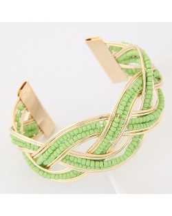 Bohemian Fashion Mini Beads Inlaid Weaving Pattern Open-end Bangle - Green