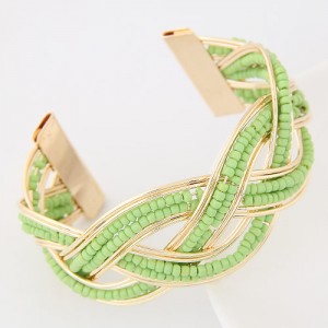 Bohemian Fashion Mini Beads Inlaid Weaving Pattern Open-end Bangle - Green
