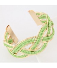 Bohemian Fashion Mini Beads Inlaid Weaving Pattern Open-end Bangle - Green