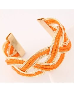 Bohemian Fashion Mini Beads Inlaid Weaving Pattern Open-end Bangle - Orange