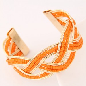 Bohemian Fashion Mini Beads Inlaid Weaving Pattern Open-end Bangle - Orange