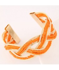 Bohemian Fashion Mini Beads Inlaid Weaving Pattern Open-end Bangle - Orange