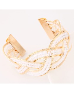 Bohemian Fashion Mini Beads Inlaid Weaving Pattern Open-end Bangle - White