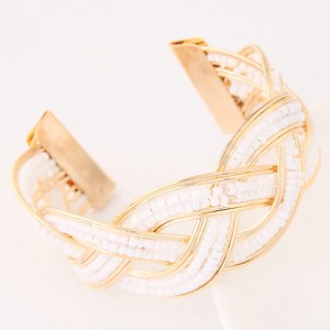Bohemian Fashion Mini Beads Inlaid Weaving Pattern Open-end Bangle - White