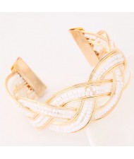 Bohemian Fashion Mini Beads Inlaid Weaving Pattern Open-end Bangle - White