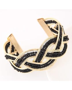 Bohemian Fashion Mini Beads Inlaid Weaving Pattern Open-end Bangle - Black