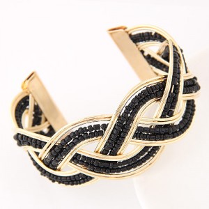 Bohemian Fashion Mini Beads Inlaid Weaving Pattern Open-end Bangle - Black
