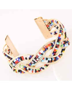 Bohemian Fashion Mini Beads Inlaid Weaving Pattern Open-end Bangle - Multicolor